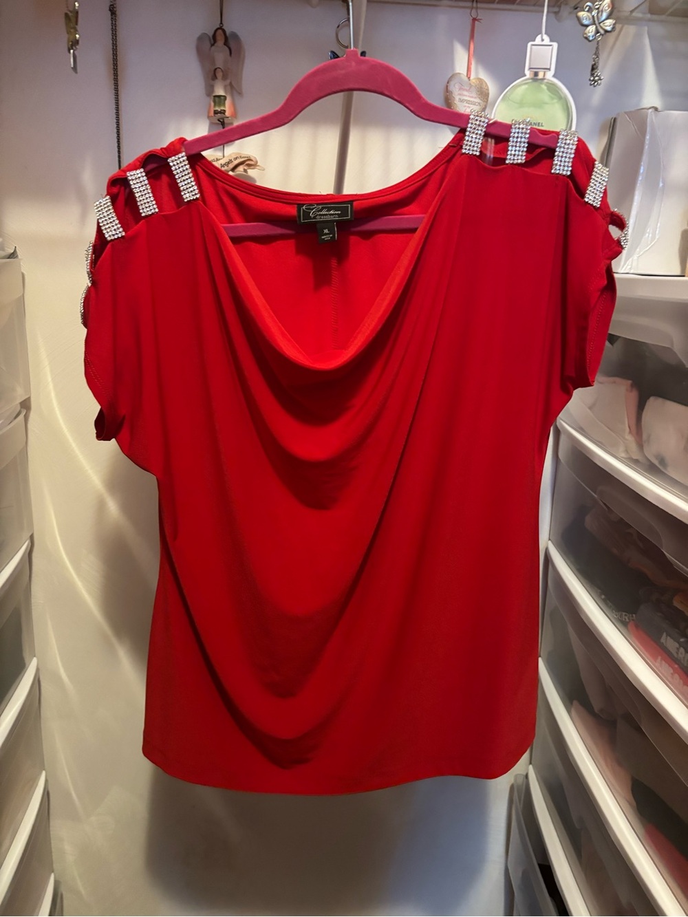 dressbarn Red Cold-Shoulder Drape Neck Top with Rhinestone Straps
